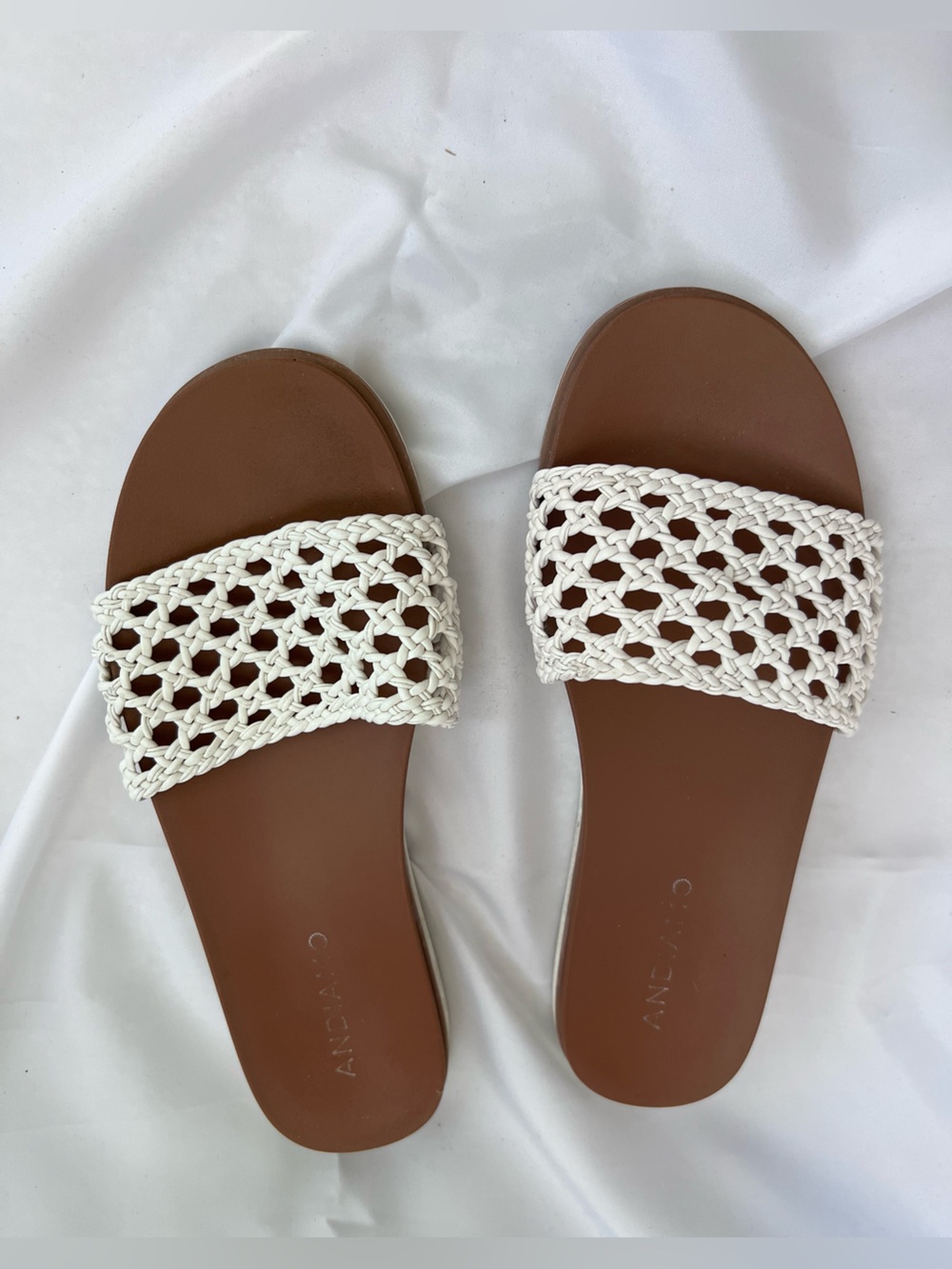 Woven Slide Sandals in White with Brown Footbed